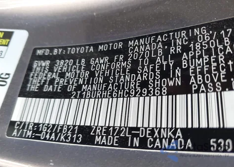 2017 Toyota Corolla Le from USA, damaged, VIN 2T1BURHE6HC929368